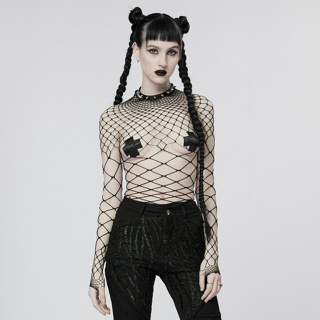PUNK RAVE Women's Punk Sheer Mesh Bodysuit