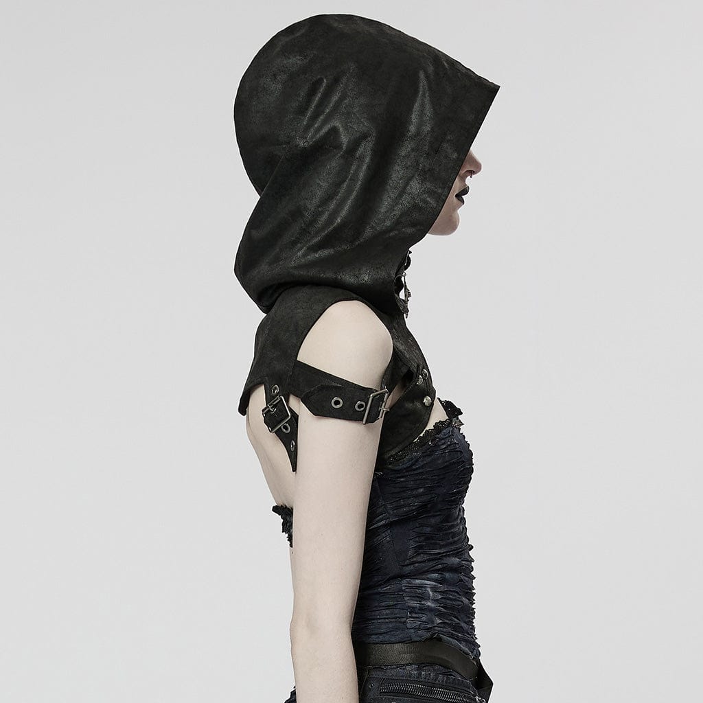 PUNK RAVE Women's Punk Stand Collar Buckle Cape with Hood