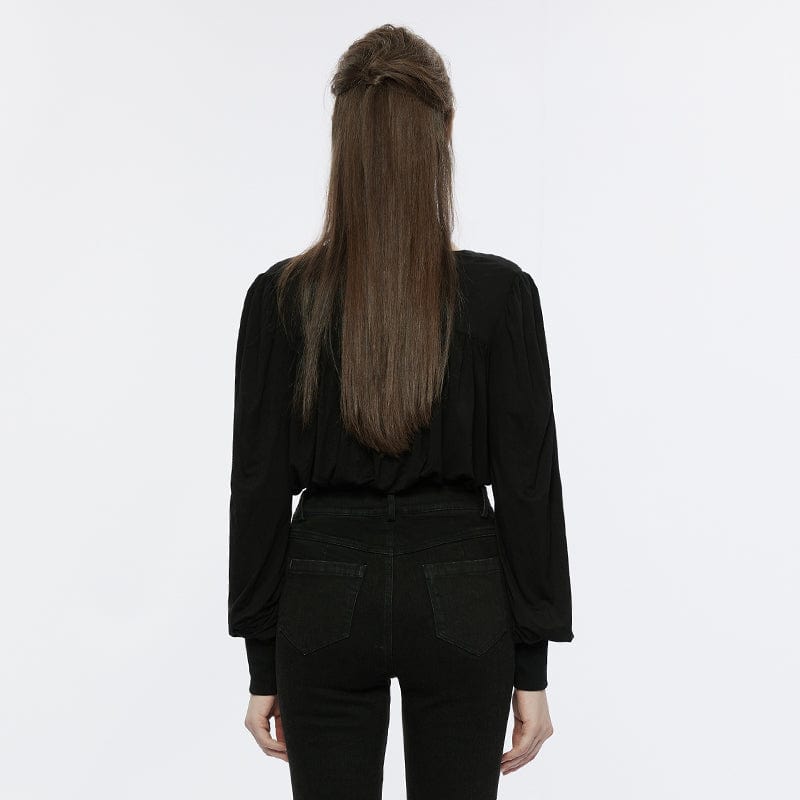 PUNK RAVE Women's Punk Strappy Puff Sleeved Plunging Shirt