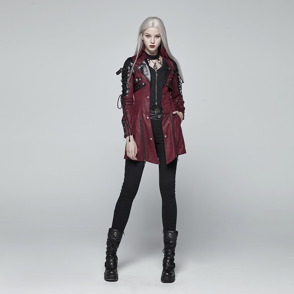 Women's Punk Studded Faux Leather Zipper Red Jacket