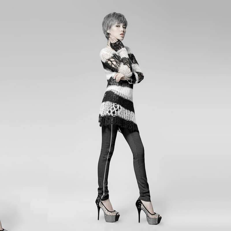 Women's Striped Ripped Casual Sweater