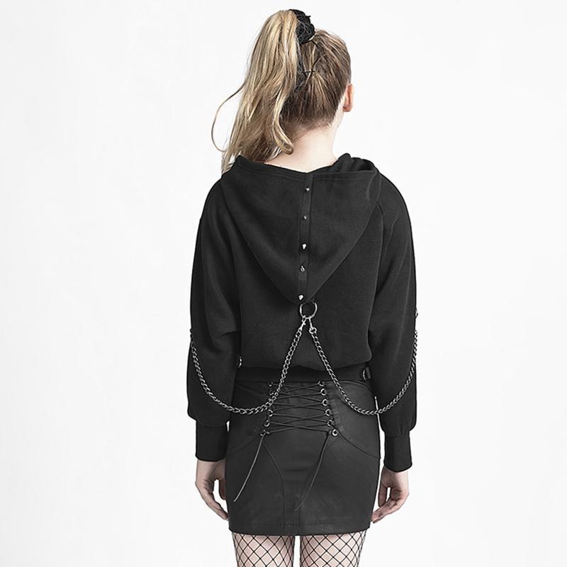 Women's Punk Cross Mental Chain Hoodies Black