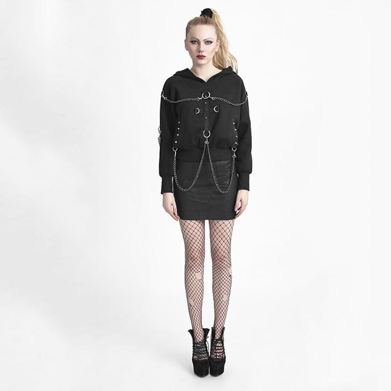 Women's Punk Cross Mental Chain Hoodies Black