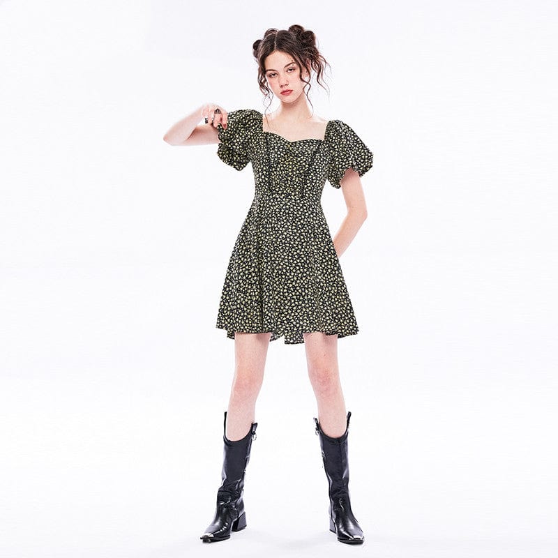 Punk Rave Women's Vintage Square Collar Puff Sleeved Floral Dress
