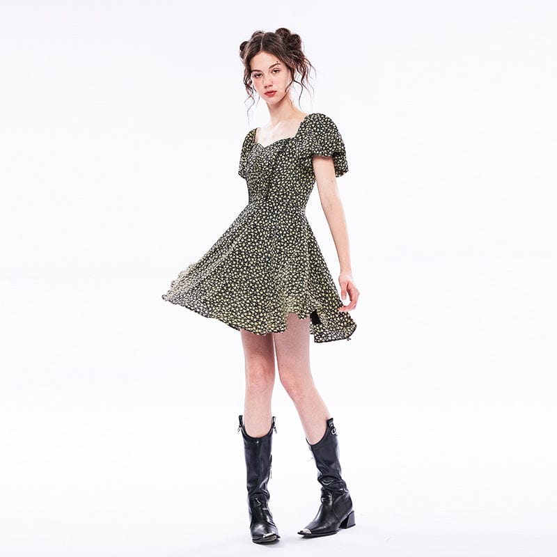 Punk Rave Women's Vintage Square Collar Puff Sleeved Floral Dress