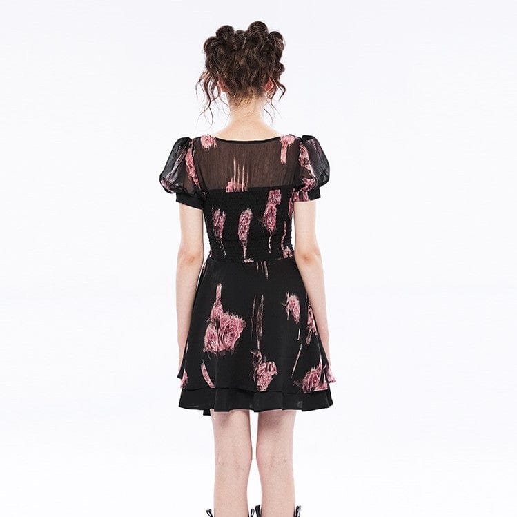 PUNK RAVE Women's Vintage V-neck Floral Ruffles Chiffon Dress