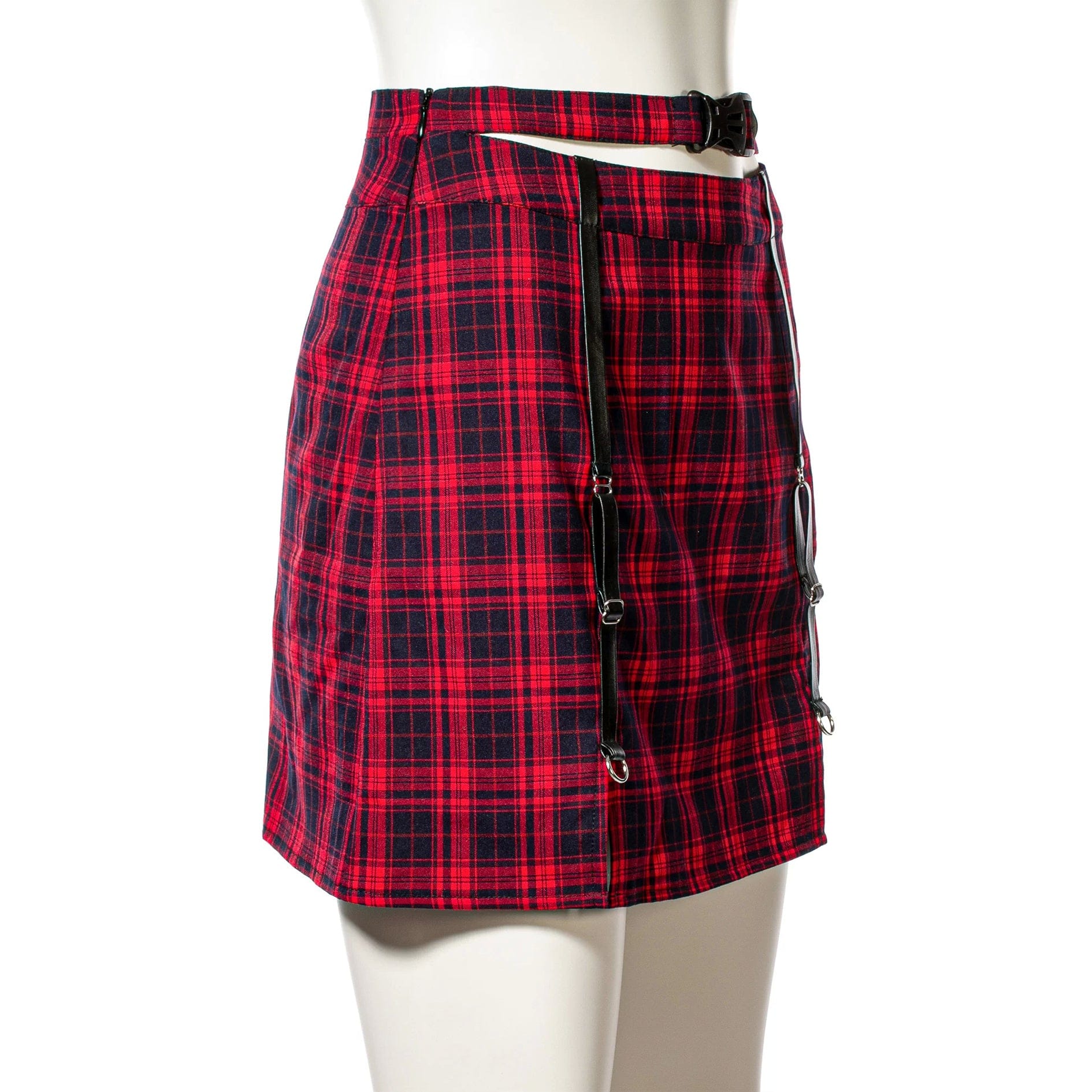 RNG Women's Grunge Cutout Buckle Plaid Skirt
