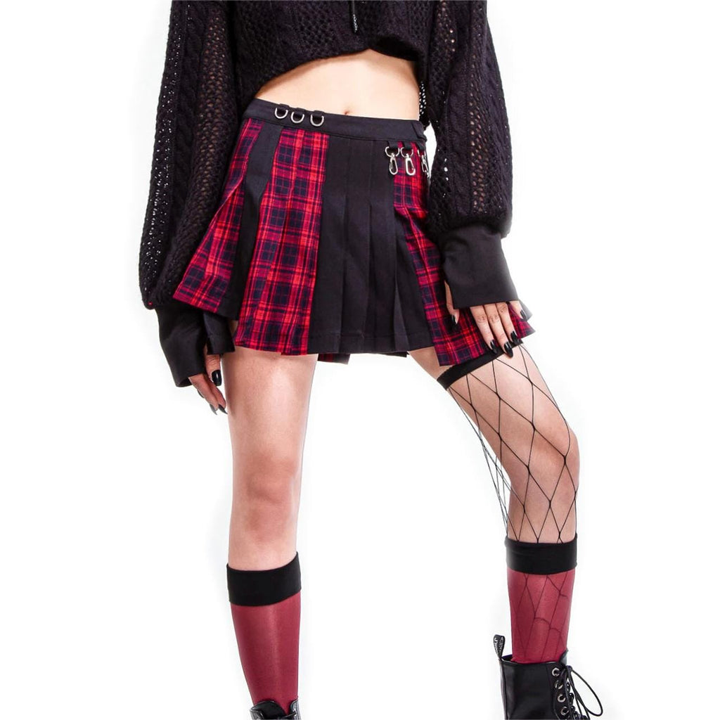 RNG Women's Grunge Irregular Plaid Splice Pleated Skirt Red