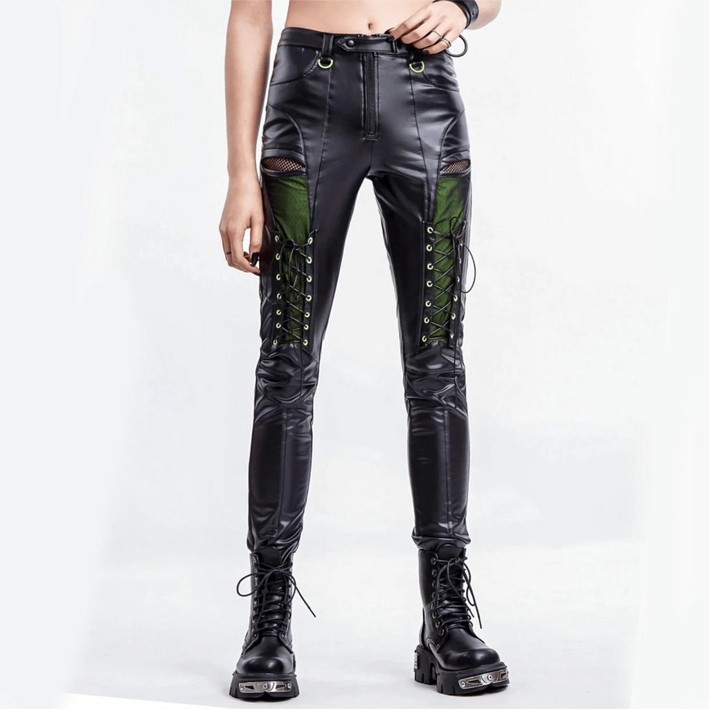 RNG Women's Punk Contrast Color Faux Leather Leggings