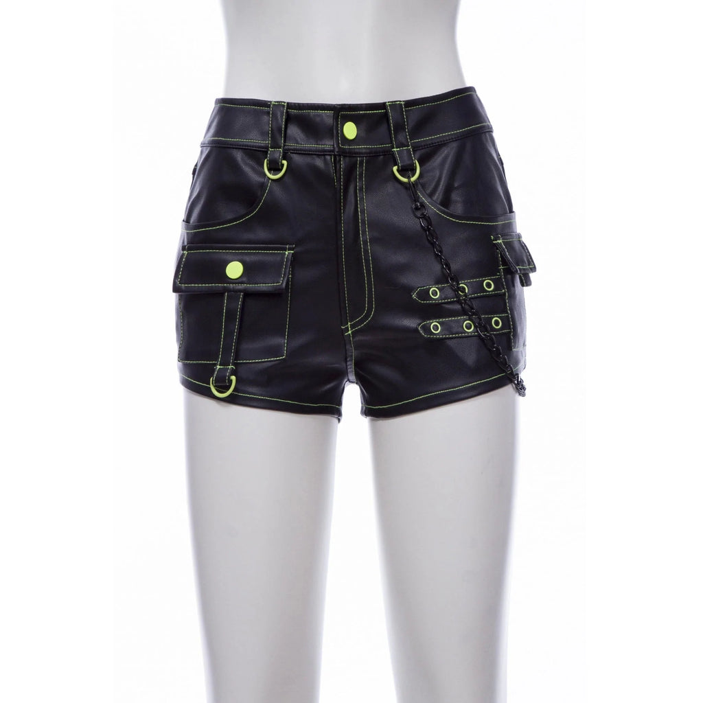 RNG Women's Punk Multi-Pocket Faux Leather Shorts