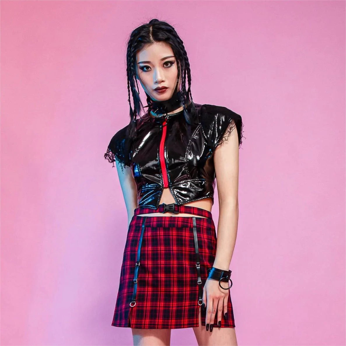 RNG Women's Punk Ripped Patent Leather Crop Top