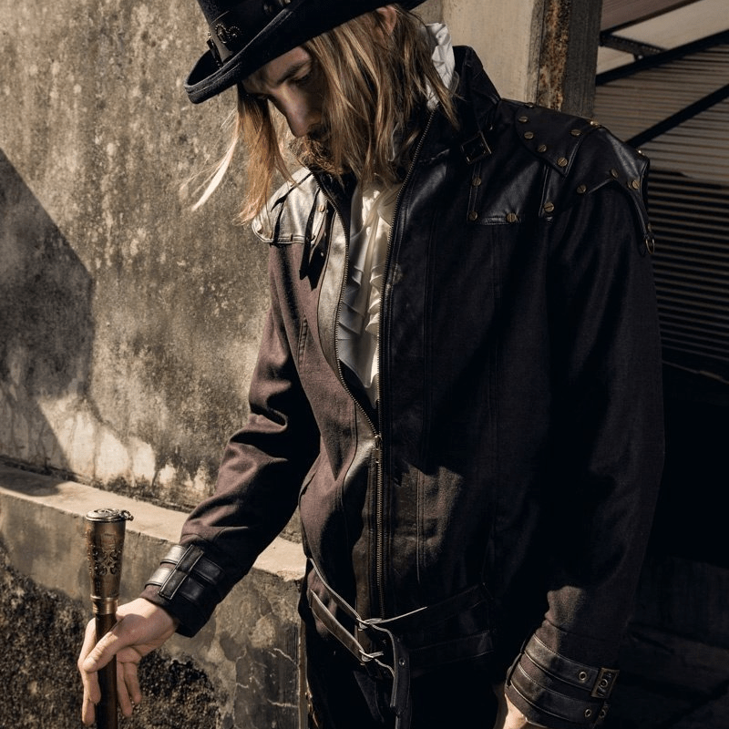 RQ-BL Men's Steampunk Faux Leather Epaulet Jacket