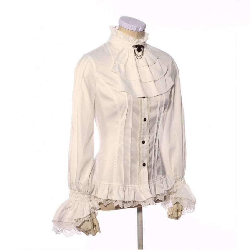 RQ-BL Women's Steampunk Lace Hem Ruffled Shirt with Neckwear