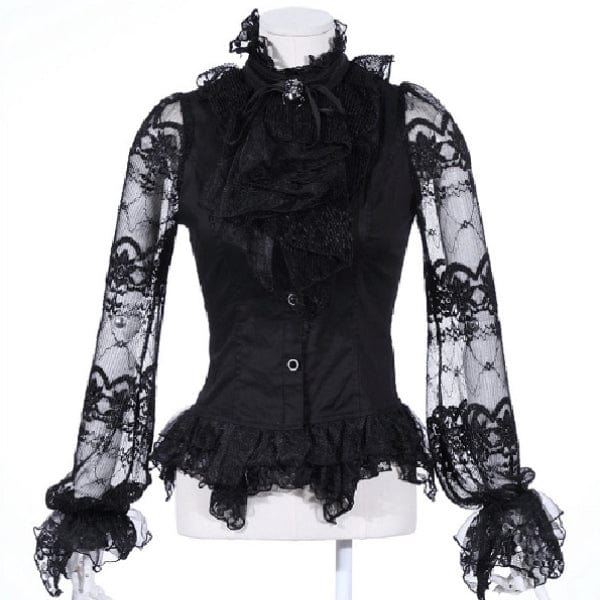 RQ-BL Women's Steampunk Puff Sleeved Lace Splice Shirt with Neckwear