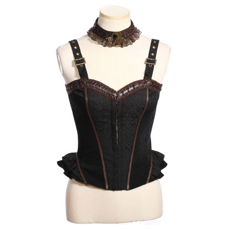 RQ-BL Women's Steampunk Ruffled Buckles Bustier with Choker