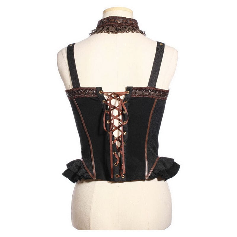 RQ-BL Women's Steampunk Ruffled Buckles Bustier with Choker