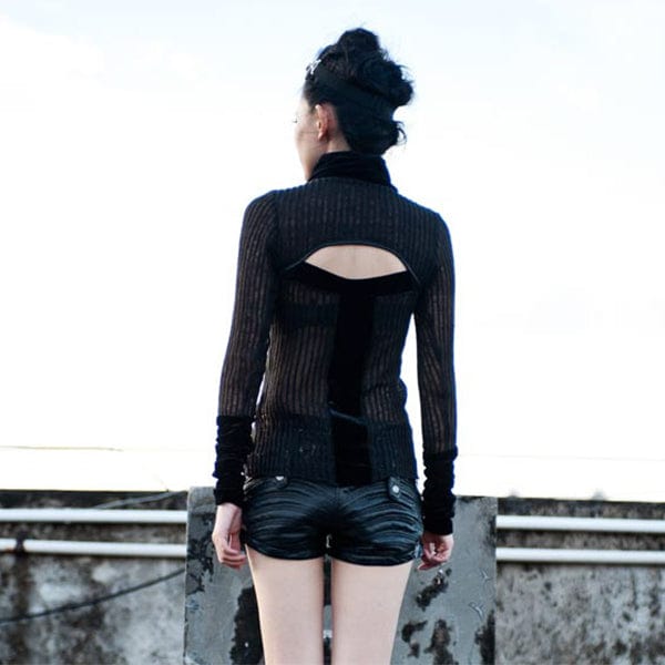 RQ-BL Women's Steampunk Strappy Stand Collar Cutout Knitted Shirt