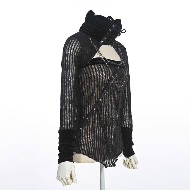 RQ-BL Women's Steampunk Strappy Stand Collar Cutout Knitted Shirt