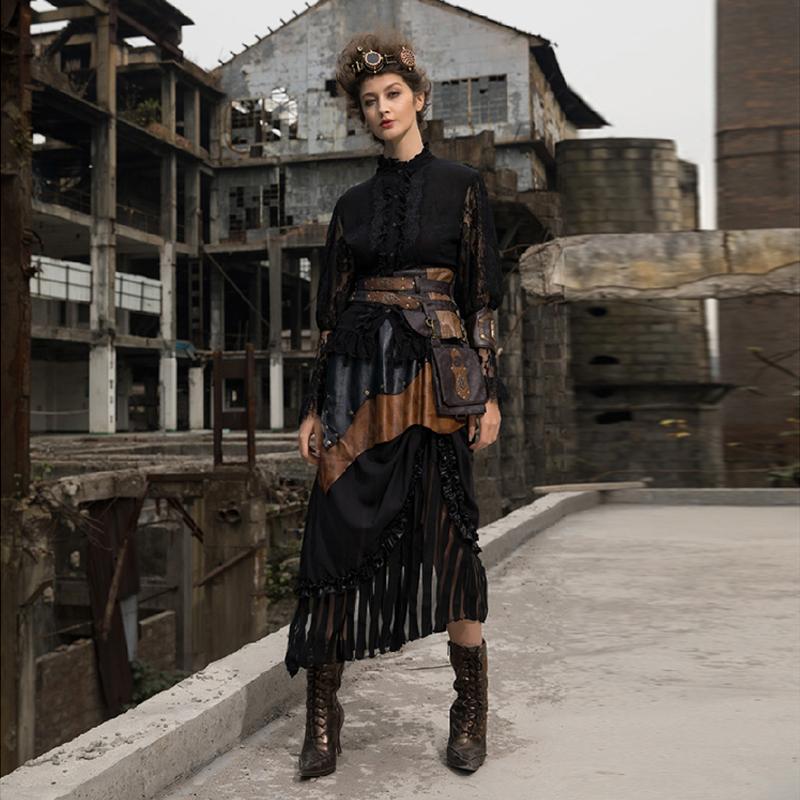 RQ-BL Women's Tiered Faux Leather and Net Steampunk Skirt