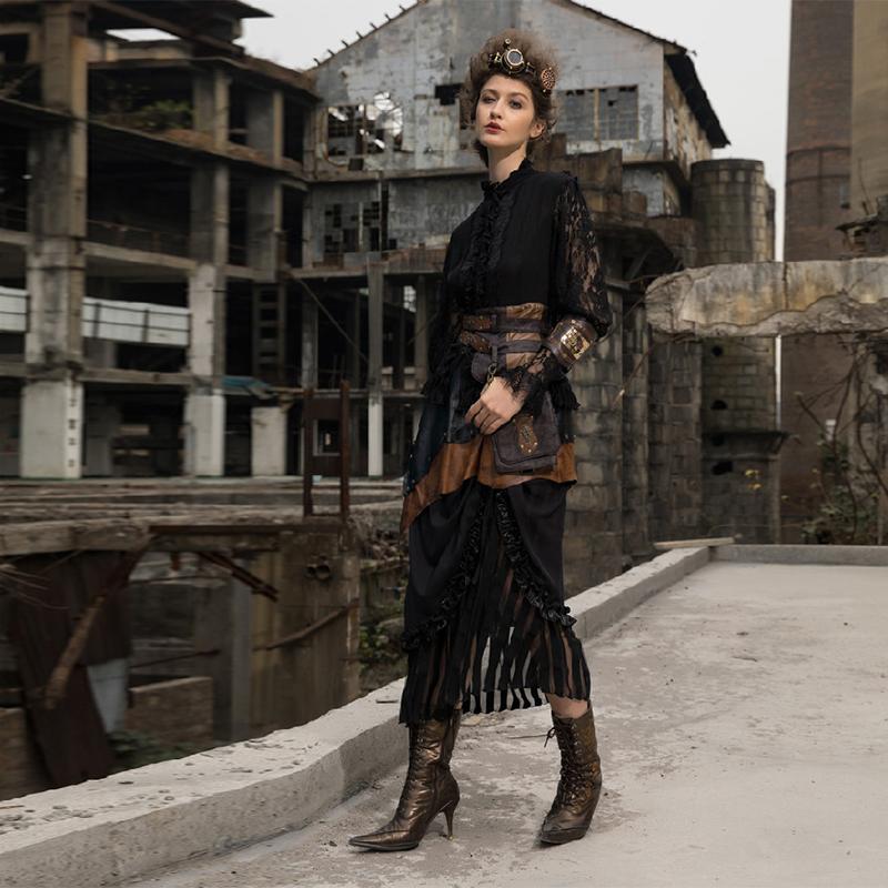 RQ-BL Women's Tiered Faux Leather and Net Steampunk Skirt