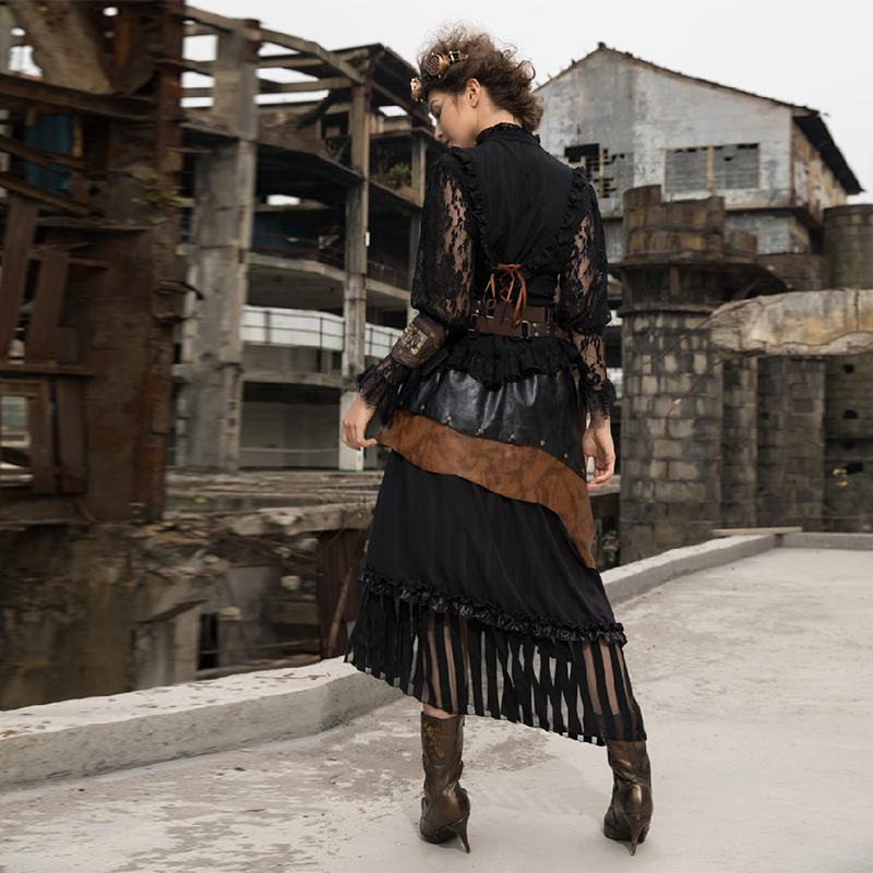 RQ-BL Women's Tiered Faux Leather and Net Steampunk Skirt