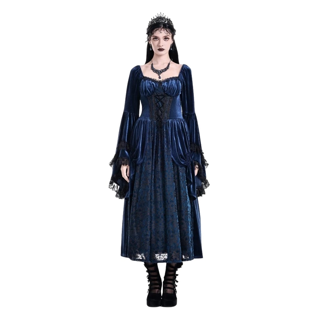 Darkinlove Women's Gothic Lace-up Ruffle Flare Sleeve Maxi Dress Blue