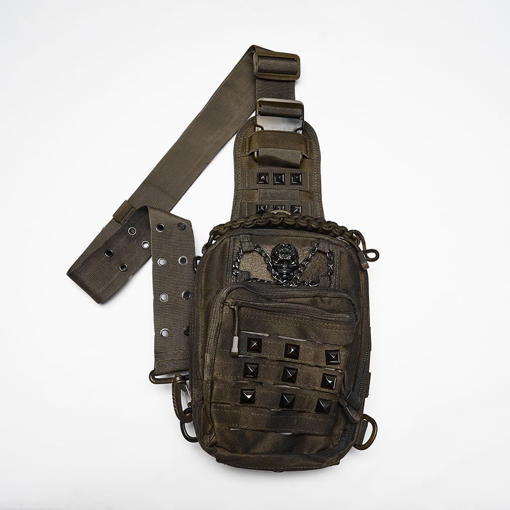 PUNK RAVE Men's Punk Skull Rivets Chained Backpack Coffee