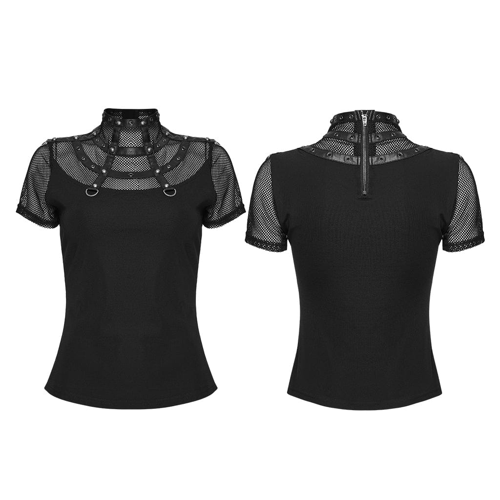 PUNK RAVE Women's Punk Rivets&Eyelets Cage Mesh Short Sleeved T-shirt