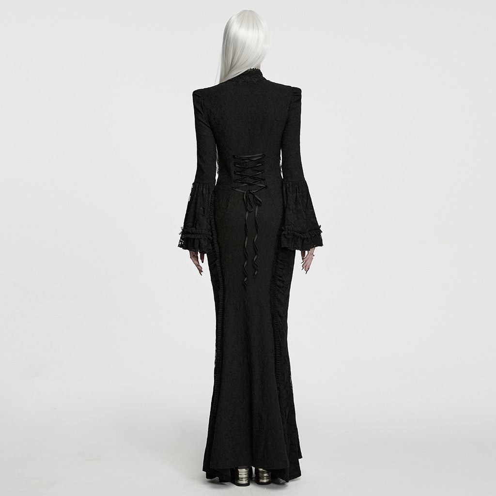 Women's Gothic Cutout Lace-up Chained Flare Sleeve Maxi Dress Black – Punk Design