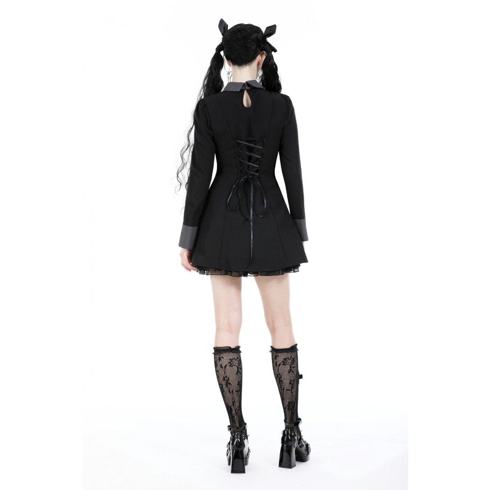 Darkinlove Women's Gothic Turn-down Collar Mesh Splice Dress