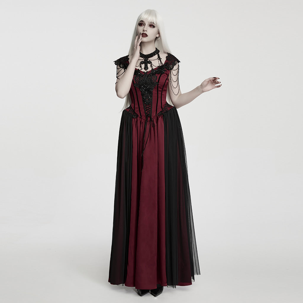 Women's Gothic Applique Chained Sleeveless Maxi Dress Black-Red – Punk Design