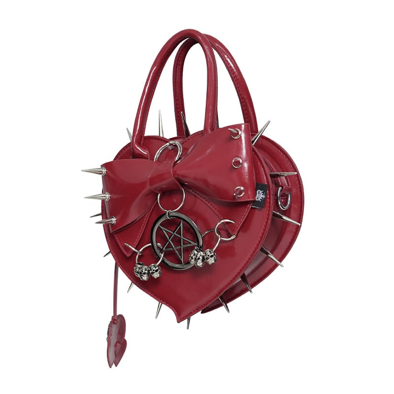 DEVIL FASHION Women's Gothic Pentacle Spiked Heart-Shaped Handbag Red