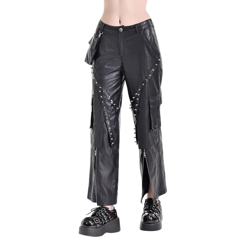 Darkinlove Women's Cyberpunk Big Pocket Spiked Zipper Straight-leg Pants