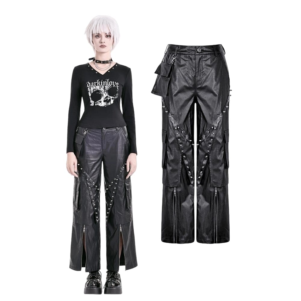 Darkinlove Women's Cyberpunk Big Pocket Spiked Zipper Straight-leg Pants