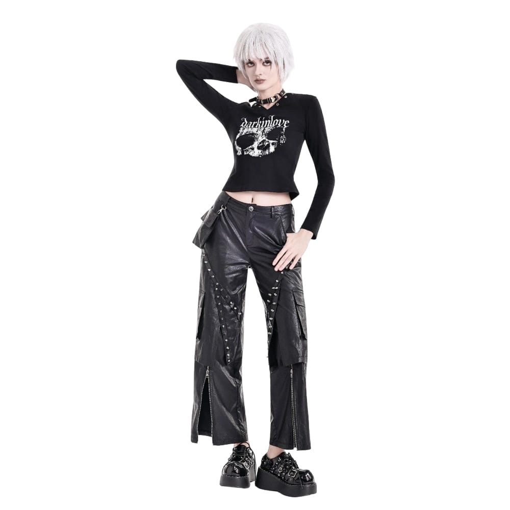 Darkinlove Women's Cyberpunk Big Pocket Spiked Zipper Straight-leg Pants