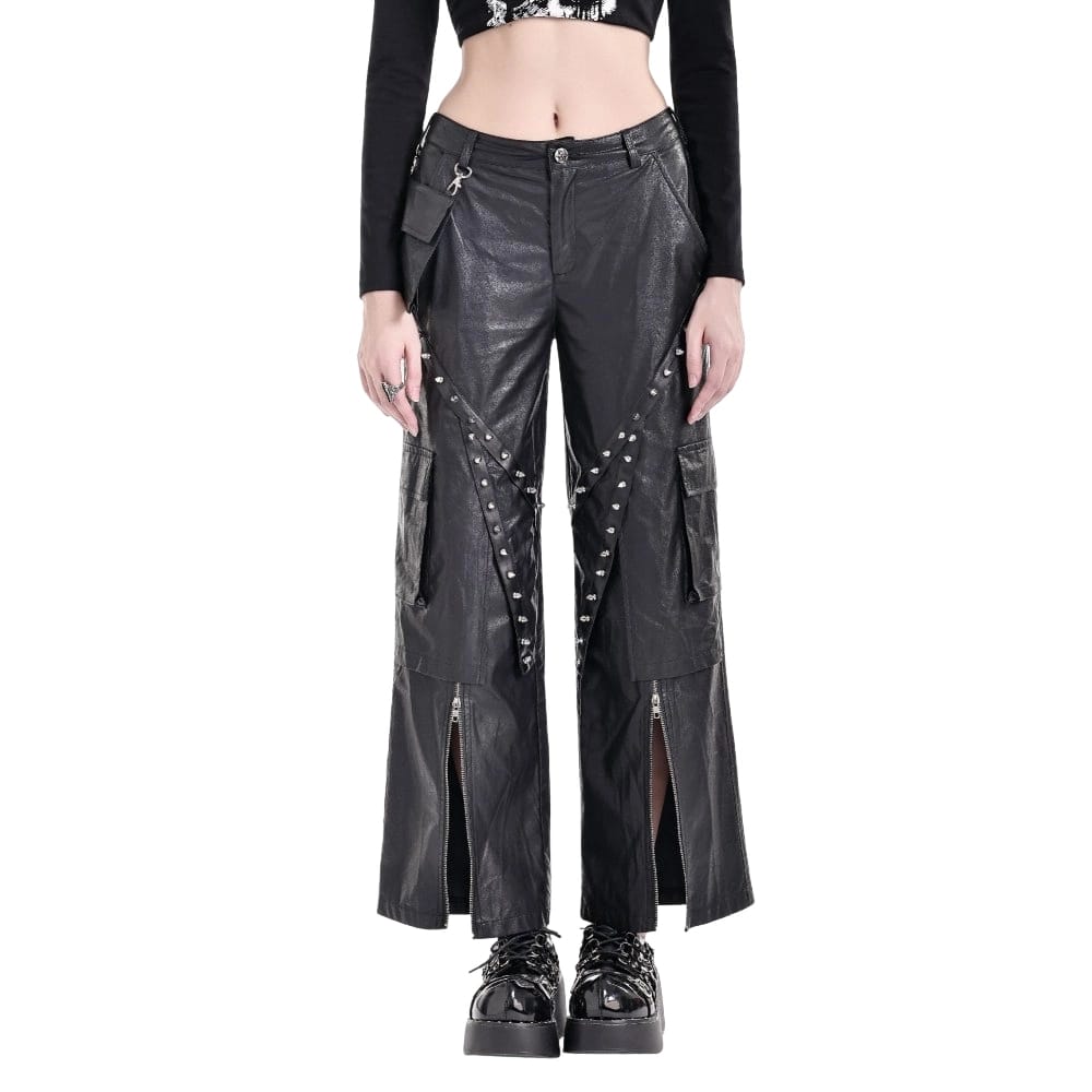 Darkinlove Women's Cyberpunk Big Pocket Spiked Zipper Straight-leg Pants