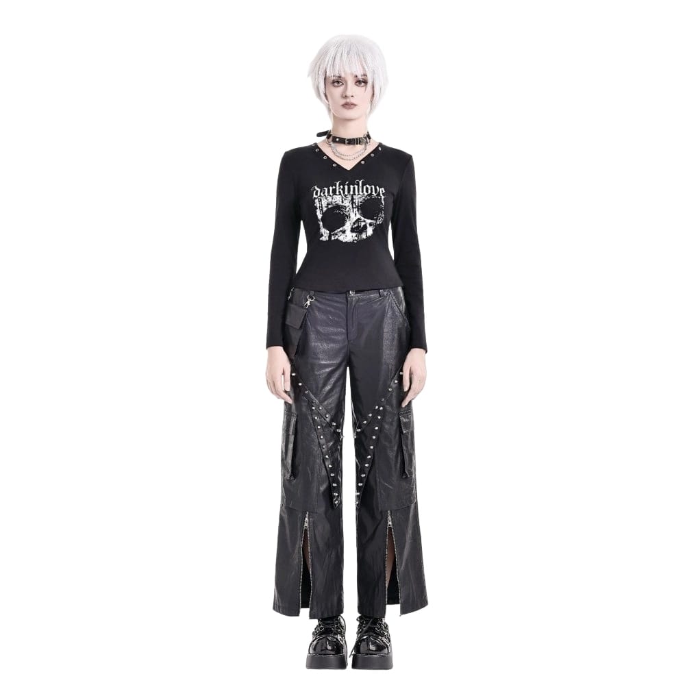Darkinlove Women's Cyberpunk Big Pocket Spiked Zipper Straight-leg Pants