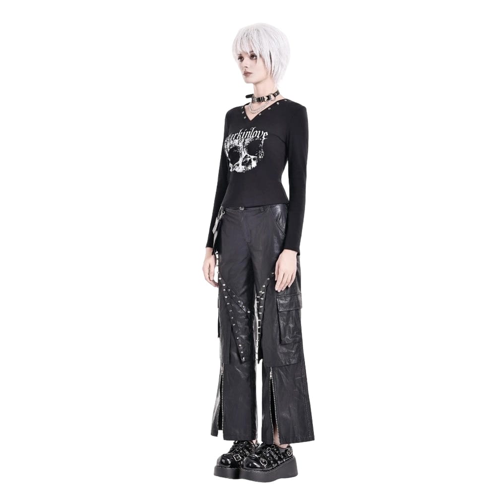 Darkinlove Women's Cyberpunk Big Pocket Spiked Zipper Straight-leg Pants