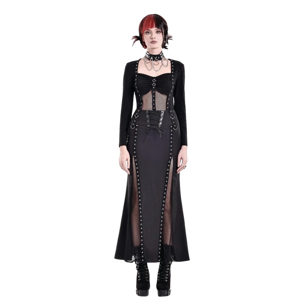 Darkinlove Women's Cyberpunk Lace-up Eyelet Mesh Splice Mermaid Skirt