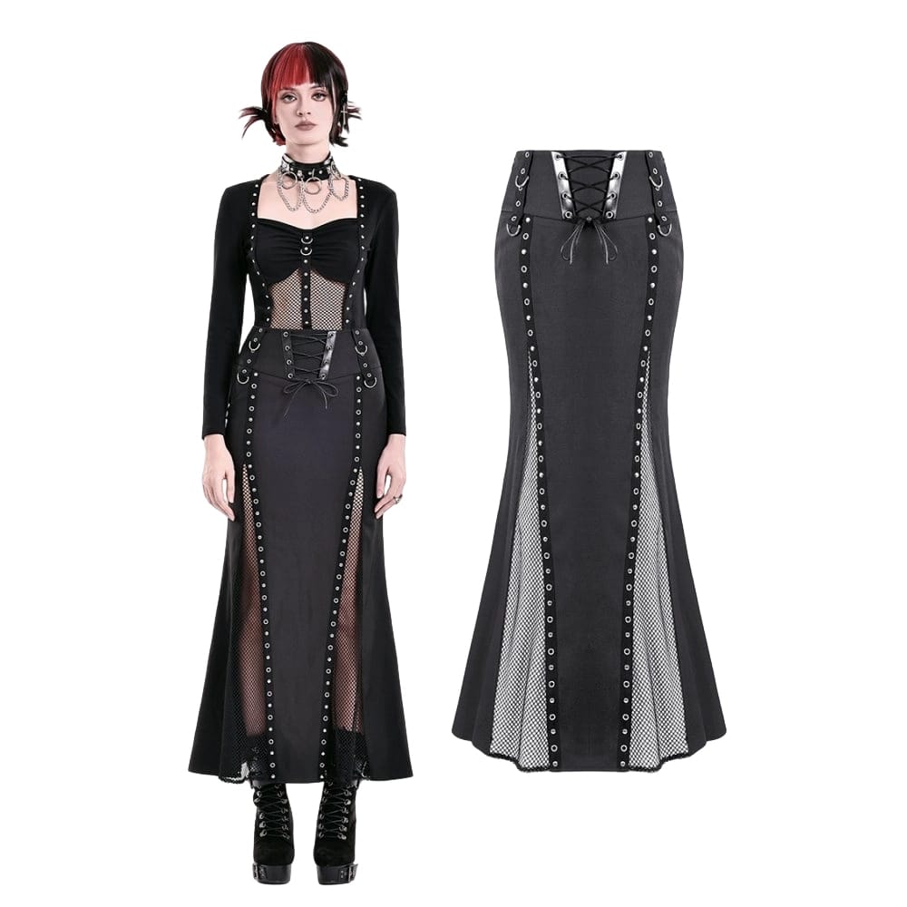 Darkinlove Women's Cyberpunk Lace-up Eyelet Mesh Splice Mermaid Skirt