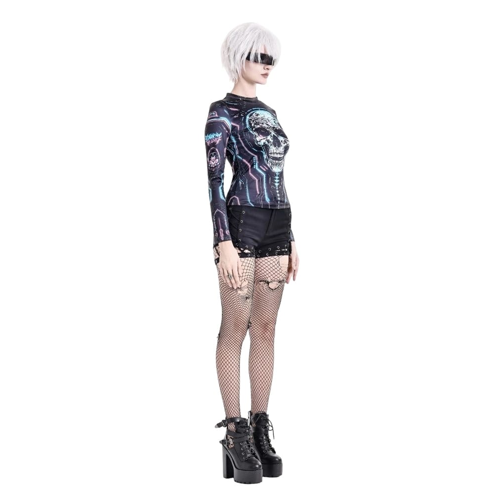 Darkinlove Women's Cyberpunk Neon Circuit Skull Print Mock Neck Long Sleeve Top