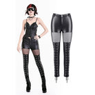 Darkinlove Women's Cyberpunk Sheer Mesh Patchwork Lace-Up Faux Leather Skinny Pants