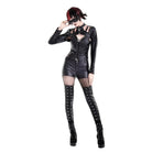 Darkinlove Women's Cyberpunk Sheer Mesh Patchwork Lace-Up Faux Leather Skinny Pants