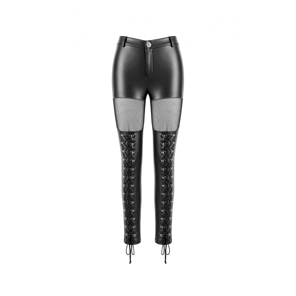 Darkinlove Women's Cyberpunk Sheer Mesh Patchwork Lace-Up Faux Leather Skinny Pants