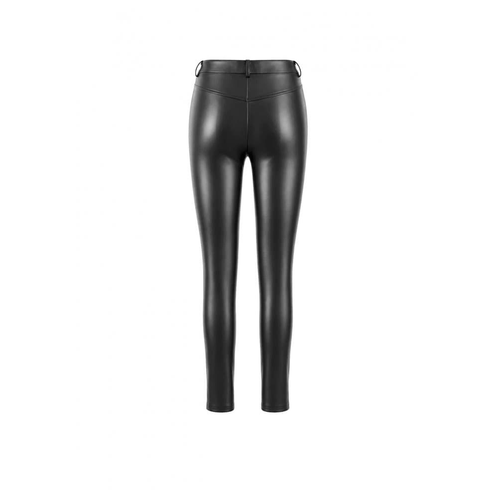 Darkinlove Women's Cyberpunk Sheer Mesh Patchwork Lace-Up Faux Leather Skinny Pants