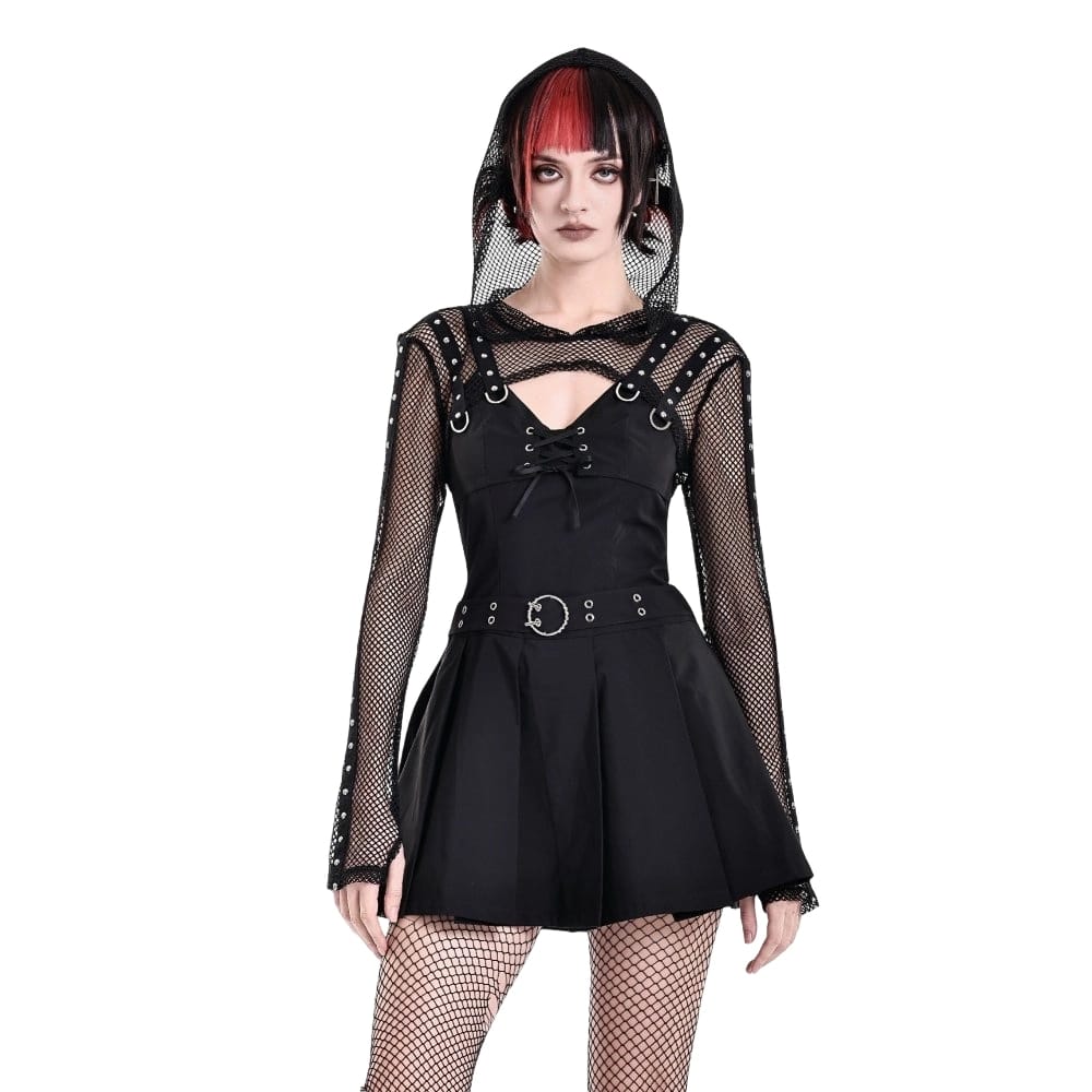 Darkinlove Women's Cyberpunk Studded Hooded Mesh Cape
