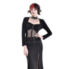 Darkinlove Women's Cyberpunk Studded Mesh Patchwork Square-cut Collar Long Sleeve Top
