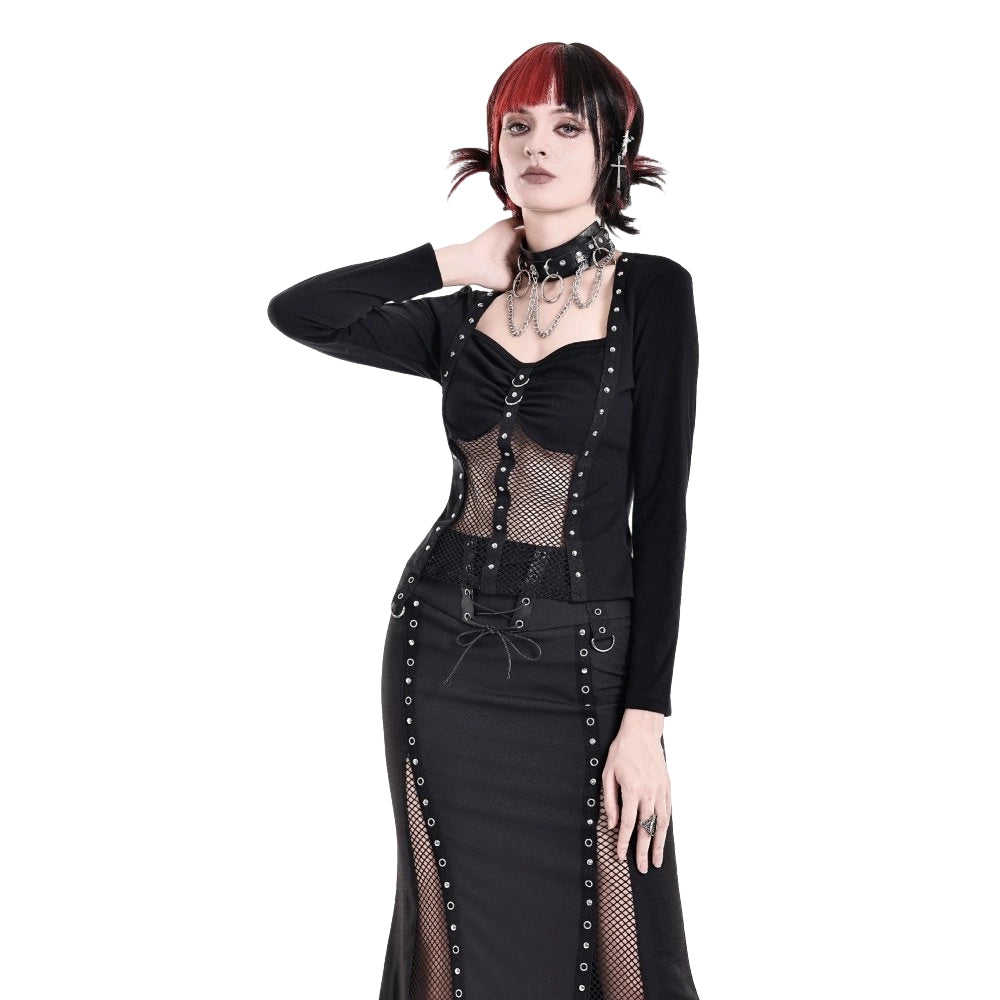 Darkinlove Women's Cyberpunk Studded Mesh Patchwork Square-cut Collar Long Sleeve Top