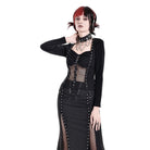 Darkinlove Women's Cyberpunk Studded Mesh Patchwork Square-cut Collar Long Sleeve Top