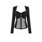Darkinlove Women's Cyberpunk Studded Mesh Patchwork Square-cut Collar Long Sleeve Top